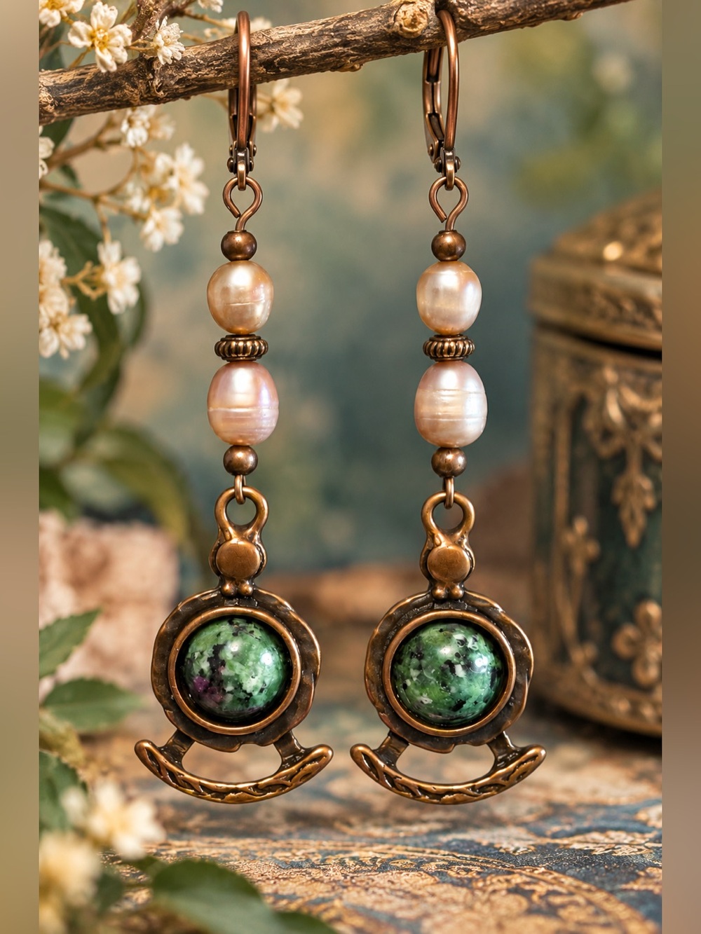 Handmade Freshwater Pearl Green Stone Antique Bronze Earrings